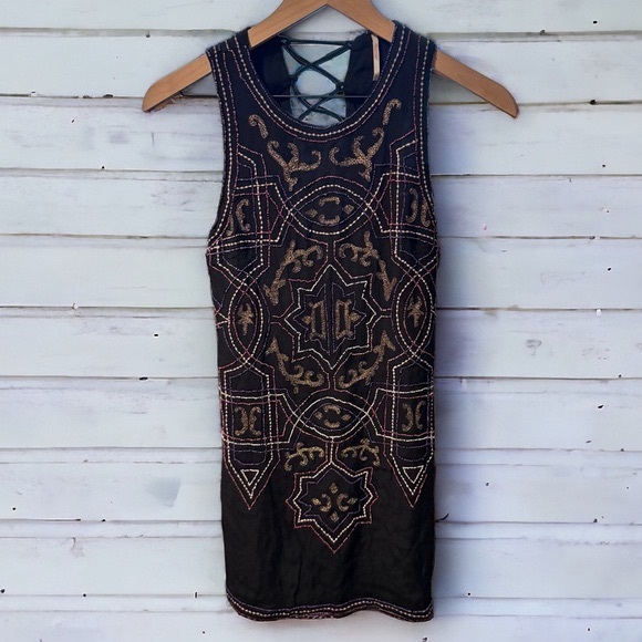 Free People Mandala Georgette Shift Mini Dress Beaded Tie Back Size 2 Black - Picture 2 of 8